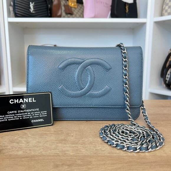 Chanel Caviar Timeless CC Wallet On Chain WOC Blue - Picture 1 of 16